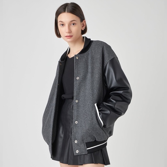 New ENGLISH FACTORY Mixed Media Baseball Collar Bomber Jacket Black - Picture 1 of 11